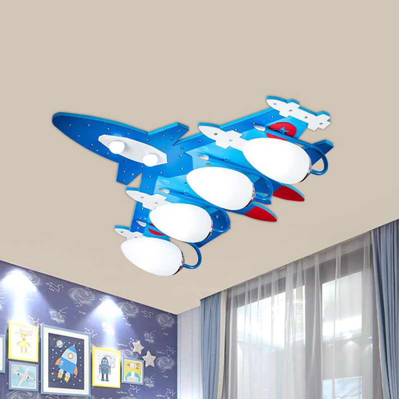 Blue Aircraft Flush Mounted Lamp Cartoon 4 Lights Wooden Ceiling Fixture with Oval Cream Glass Shade