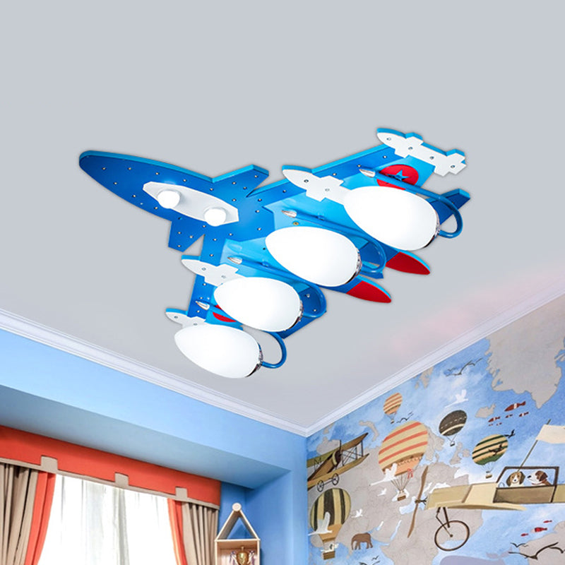 Blue Aircraft Flush Mounted Lamp Cartoon 4 Lights Wooden Ceiling Fixture with Oval Cream Glass Shade
