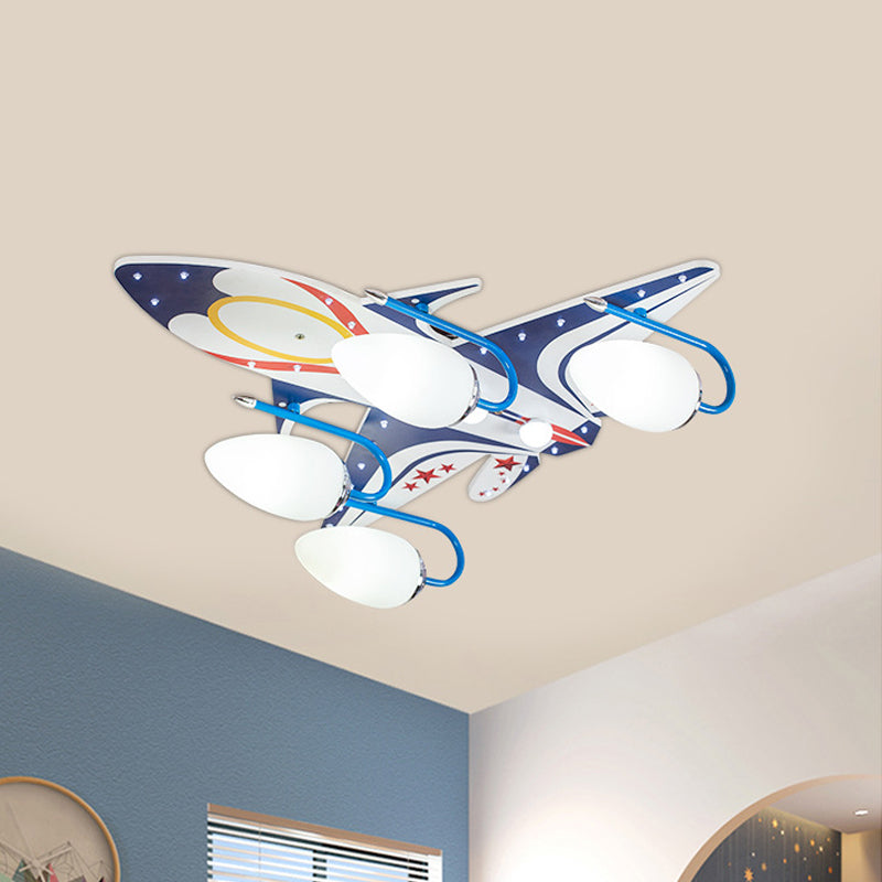 White Aircraft Flush Mount Fixture Kids 4-Head Wooden Ceiling Lighting with Oval Ivory Glass Shade