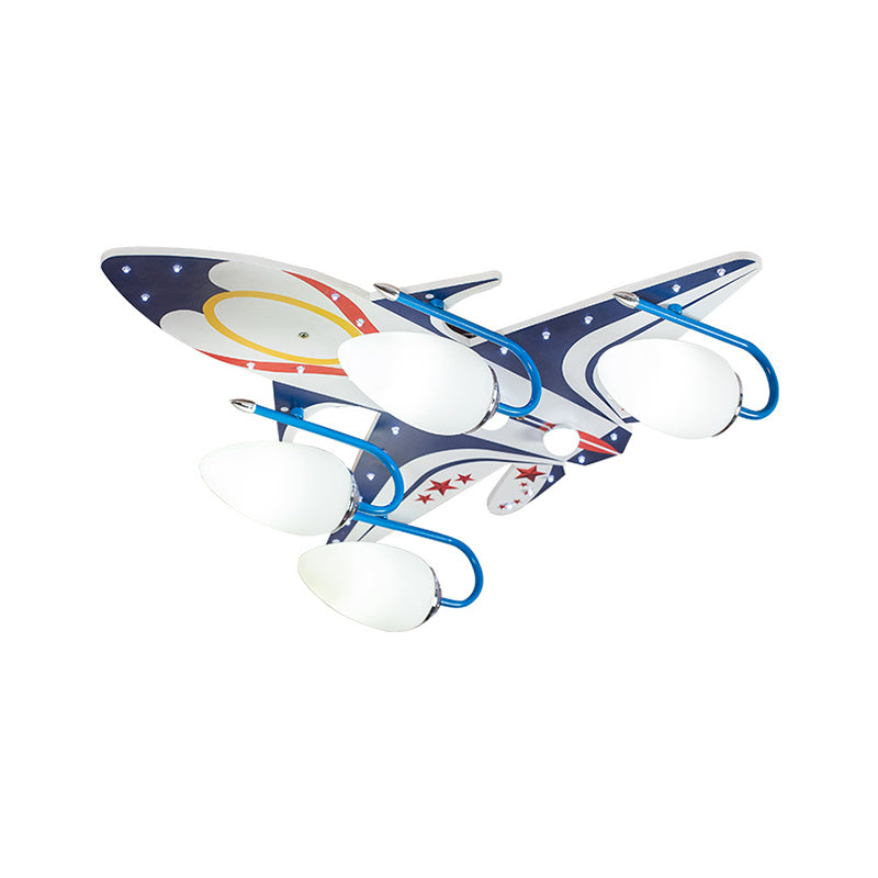 White Aircraft Flush Mount Fixture Kids 4-Head Wooden Ceiling Lighting with Oval Ivory Glass Shade