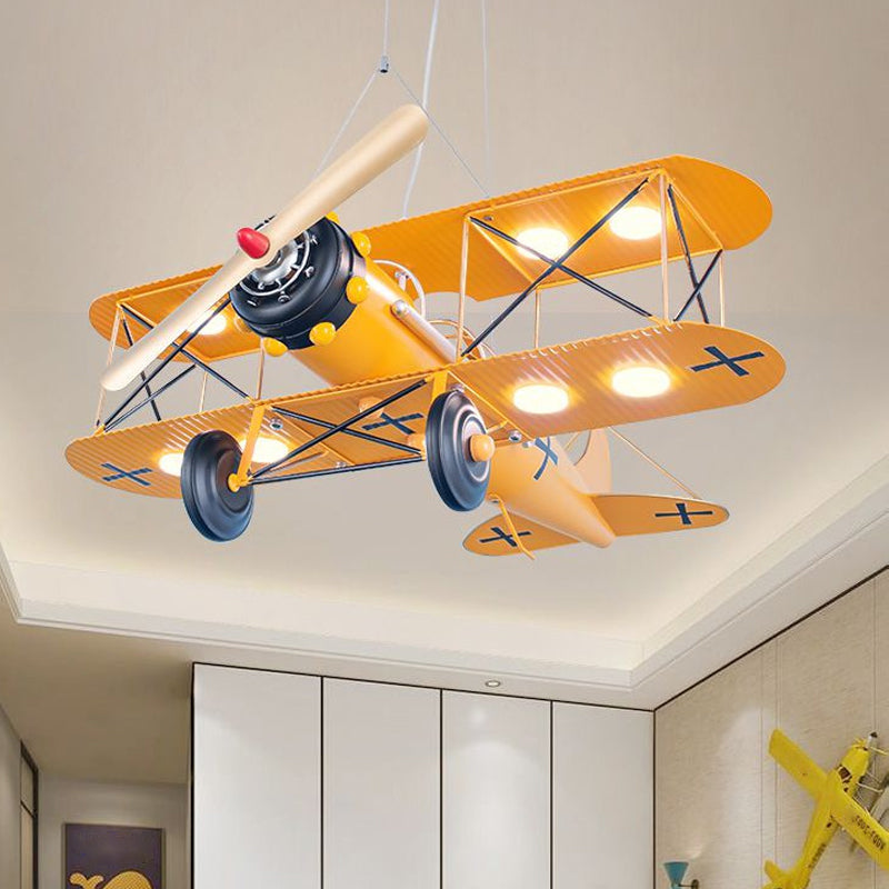 LED Biplane Hanging Lamp Kit Cartoon Metallic Yellow/Dark Blue-Yellow/Blue Chandelier Lighting for Nursery