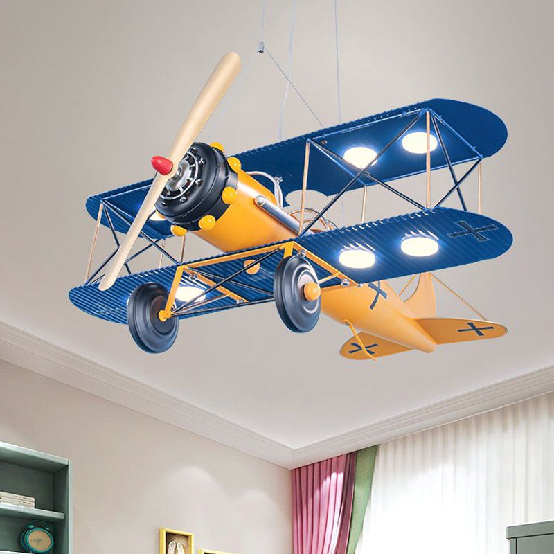 LED Biplane Hanging Lamp Kit Cartoon Metallic Yellow/Dark Blue-Yellow/Blue Chandelier Lighting for Nursery