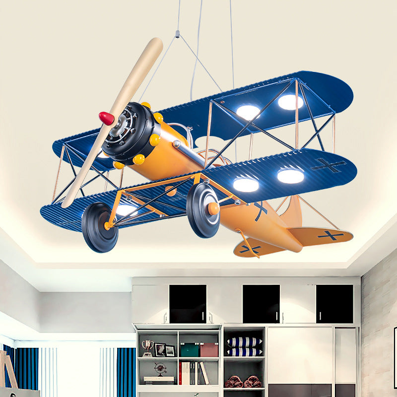 LED Biplane Hanging Lamp Kit Cartoon Metallic Yellow/Dark Blue-Yellow/Blue Chandelier Lighting for Nursery