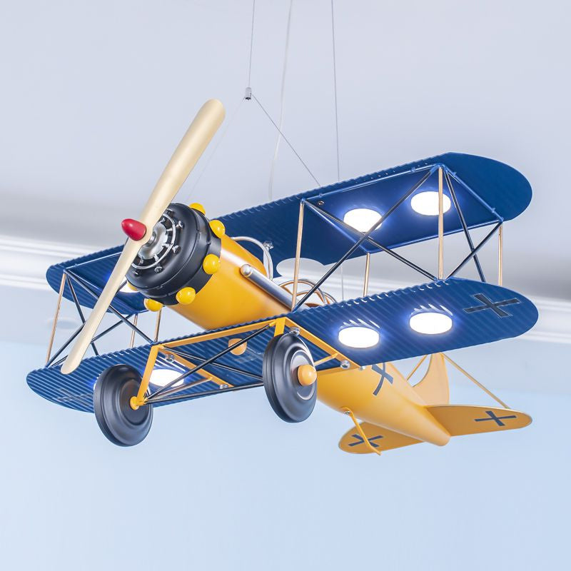 LED Biplane Hanging Lamp Kit Cartoon Metallic Yellow/Dark Blue-Yellow/Blue Chandelier Lighting for Nursery