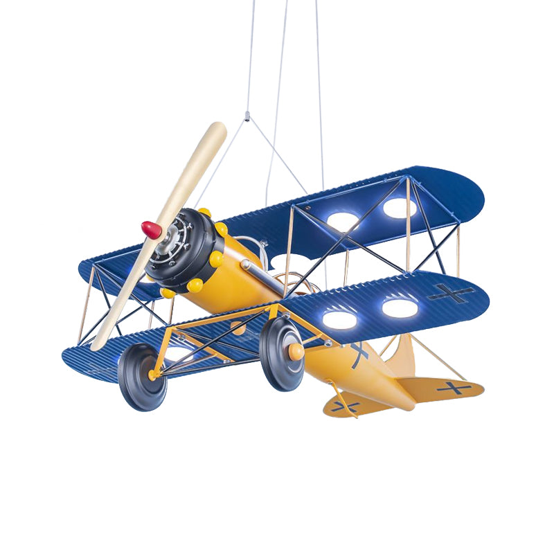 LED Biplane Hanging Lamp Kit Cartoon Metallic Yellow/Dark Blue-Yellow/Blue Chandelier Lighting for Nursery