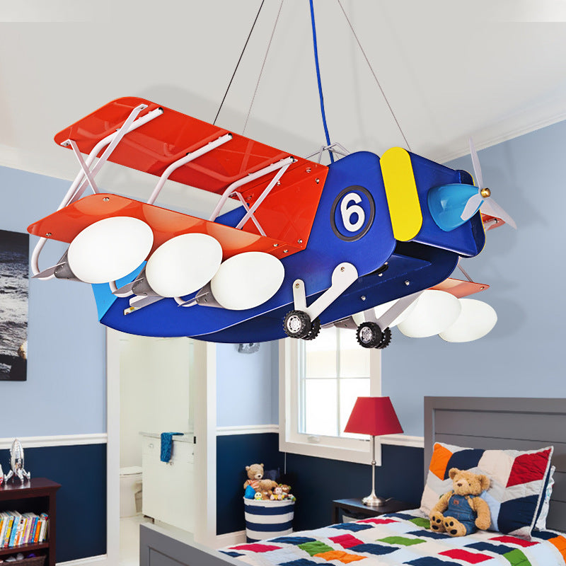 Dessin animé wright flyer lustre métallique 6 bulbes pour enfants de chambre à coucher plafond lumière en bleu-rouge