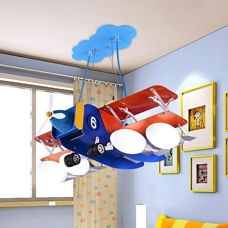 Blue and Red Biplane Chandelier Cartoon 4-Light Wooden Suspension Lighting with Oval Milk Glass Shade