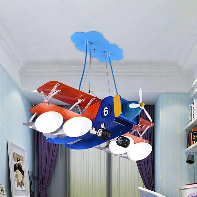 Blue and Red Biplane Chandelier Cartoon 4-Light Wooden Suspension Lighting with Oval Milk Glass Shade
