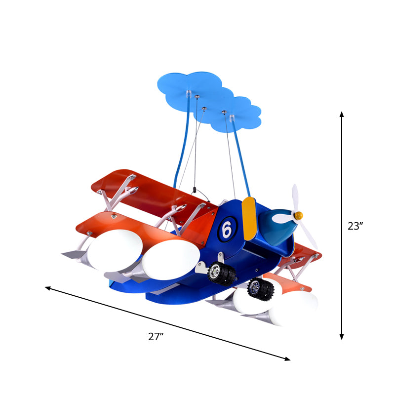 Blue and Red Biplane Chandelier Cartoon 4-Light Wooden Suspension Lighting with Oval Milk Glass Shade