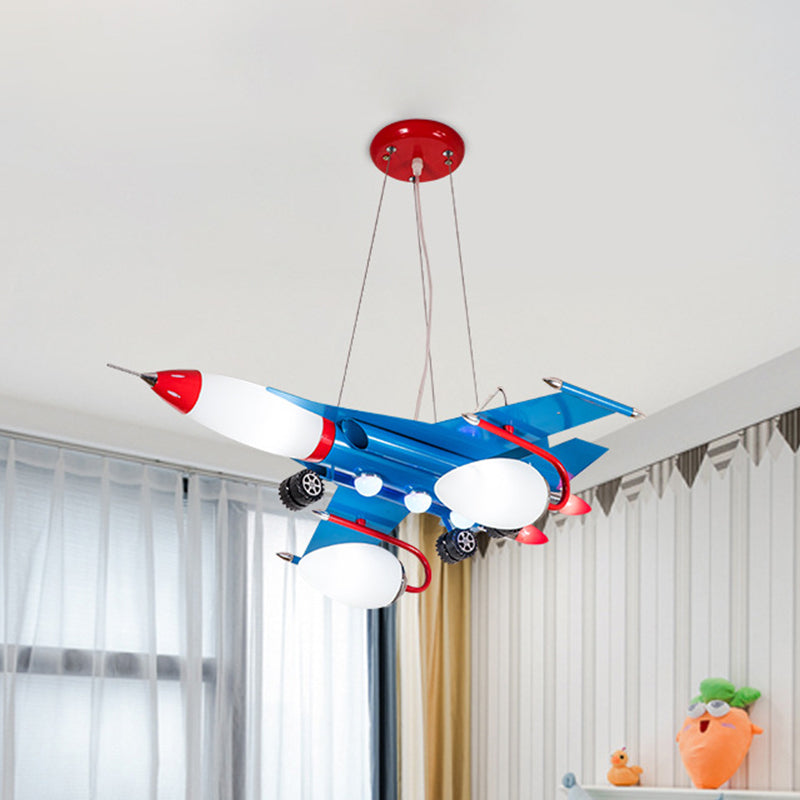 Jet Airliner LED Pendant Chandelier Cartoon Opaline Glass Baby Boys Room Ceiling Suspension Lamp in Blue