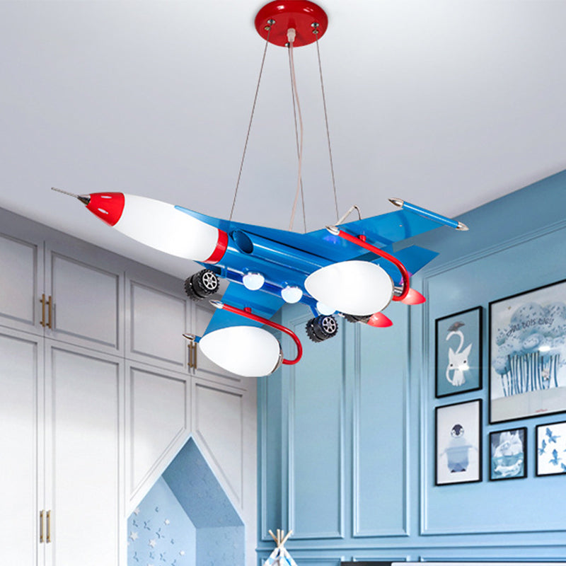 Jet Airliner LED Pendant Chandelier Cartoon Opaline Glass Baby Boys Room Ceiling Suspension Lamp in Blue