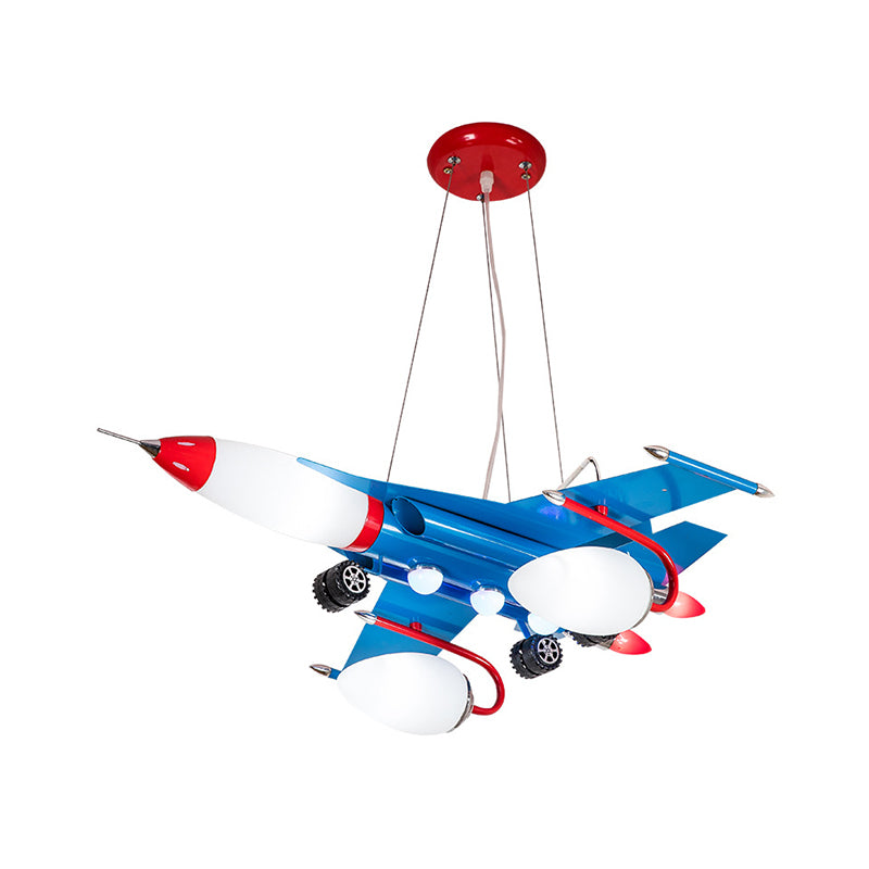 Jet Airliner LED Pendant Chandelier Cartoon Opaline Glass Baby Boys Room Ceiling Suspension Lamp in Blue