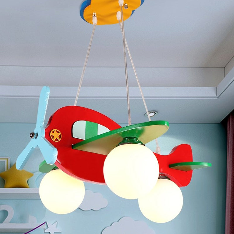 3-Head Nursery Ceiling Pendant Lamp Cartoon Red/White Plane Chandelier with Ball Cream Glass Shade, Warm/White Light