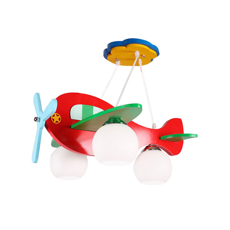 3-Head Nursery Ceiling Pendant Lamp Cartoon Red/White Plane Chandelier with Ball Cream Glass Shade, Warm/White Light