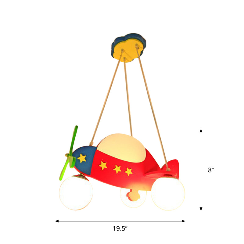 Cartoon Helicopter Chandelier Lighting Wooden 3 Bulbs Kids Room Hanging Light in Red with Ball Milk Glass Shade