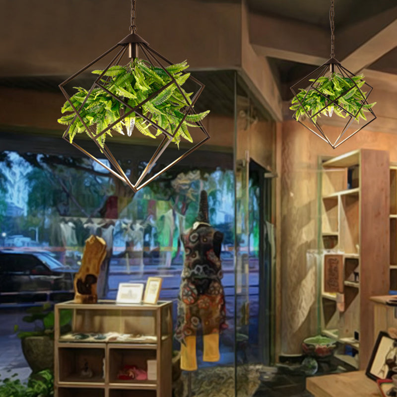Diamond Cage Iron Drop Pendant Farmhouse 1 Head Tearoom Plant Hanging Light in Black, 16.5"/19"/21.5" W