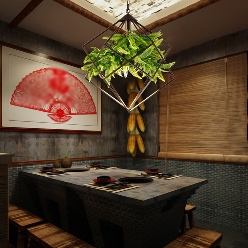 Diamond Cage Iron Drop Pendant Farmhouse 1 Head Tearoom Plant Hanging Light in Black, 16.5"/19"/21.5" W