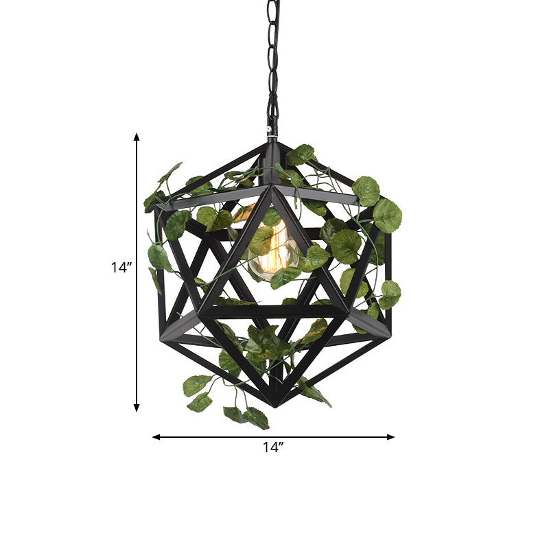 Metal Geometric Pendulum Light Industrial 1 Bulb Restaurant Ceiling Pendant in Black with Fake Vine