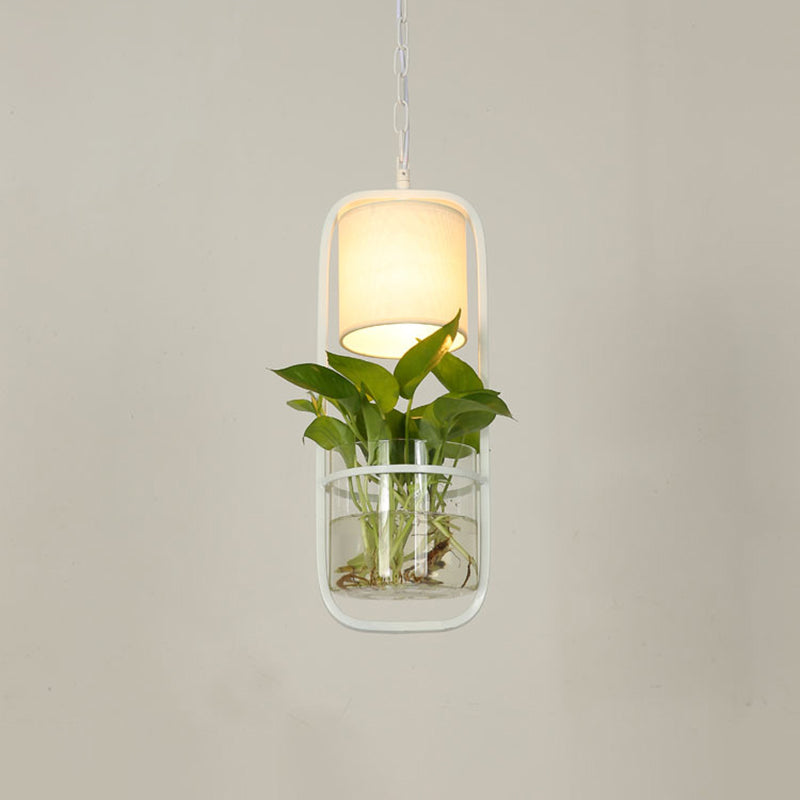 Cylinder LED Pendant Light Fixture Rustic Black/White/Gold Fabric Hanging Light in Warm/White Light with Plant Cup
