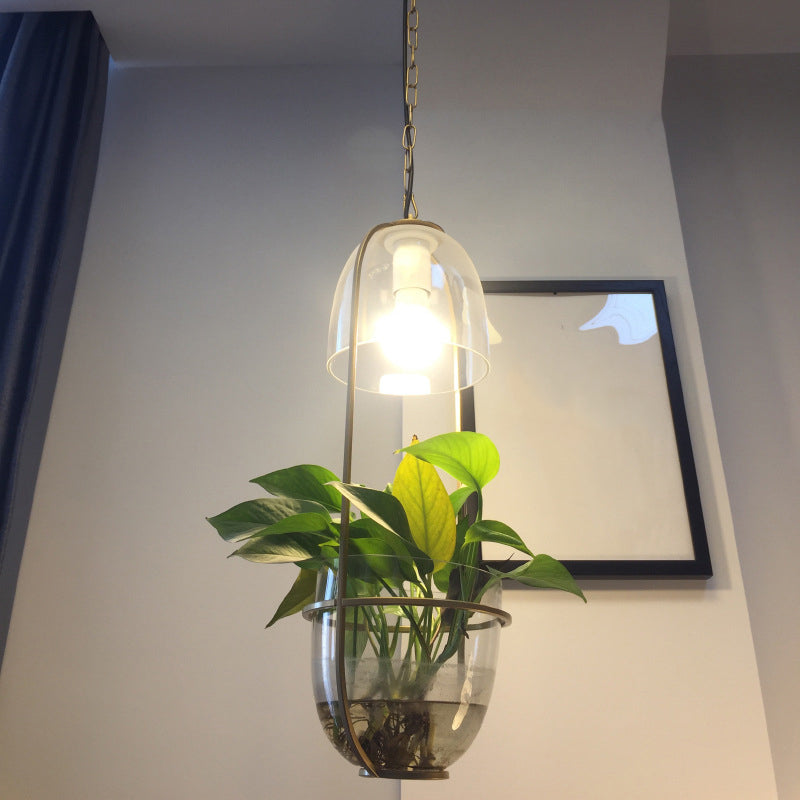Black/Gold Oblong Pendant Lamp Rural Metallic Single Dorm Room Ceiling Hang Light with Fish Bowl and Clear Glass Shade