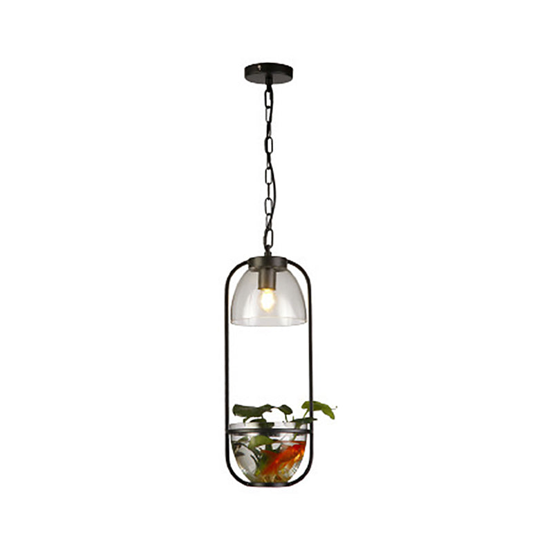 Black/Gold Oblong Pendant Lamp Rural Metallic Single Dorm Room Ceiling Hang Light with Fish Bowl and Clear Glass Shade