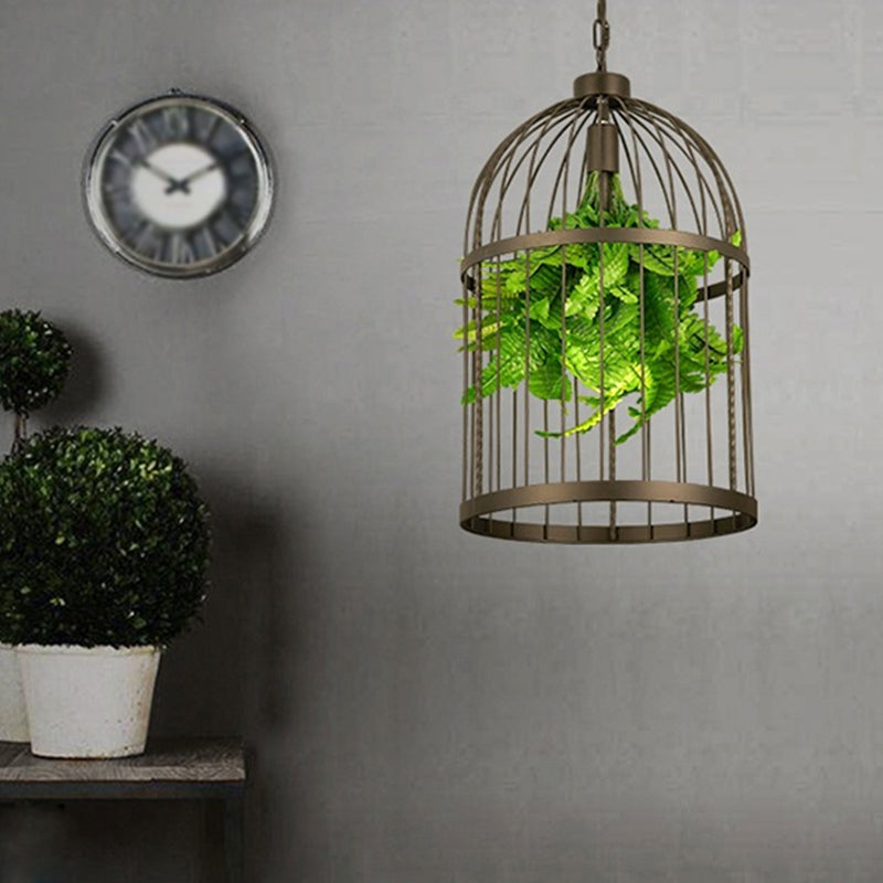 Single-Bulb Birdcage Hanging Lamp Industrial Black Iron Pendulum Light with Artificial Plant