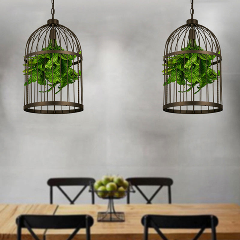 Single-Bulb Birdcage Hanging Lamp Industrial Black Iron Pendulum Light with Artificial Plant