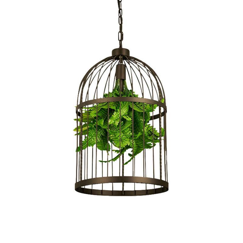 Single-Bulb Birdcage Hanging Lamp Industrial Black Iron Pendulum Light with Artificial Plant