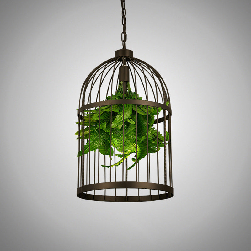Single-Bulb Birdcage Hanging Lamp Industrial Black Iron Pendulum Light with Artificial Plant