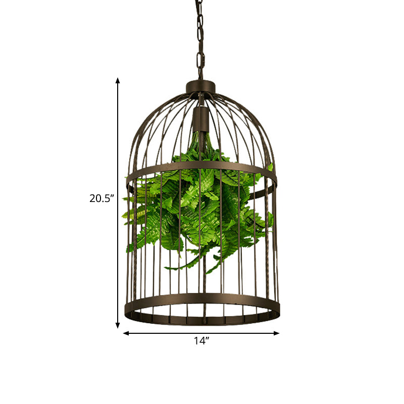 Single-Bulb Birdcage Hanging Lamp Industrial Black Iron Pendulum Light with Artificial Plant