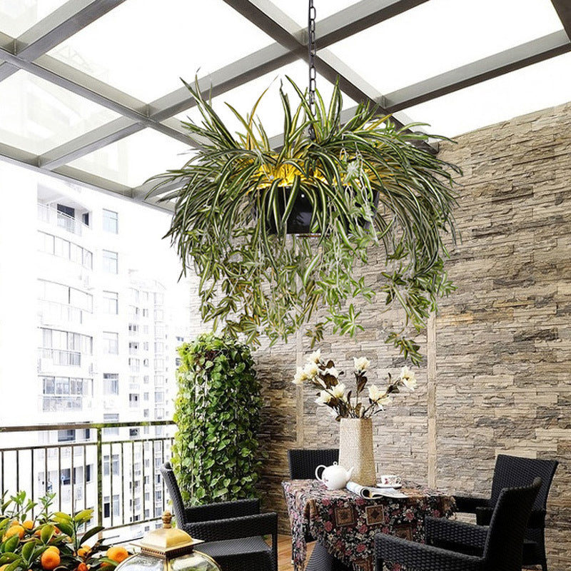 Resin Bowl Plant Pendant Light Kit Farmhouse Balcony LED Ceiling Suspension Lamp in Black/White