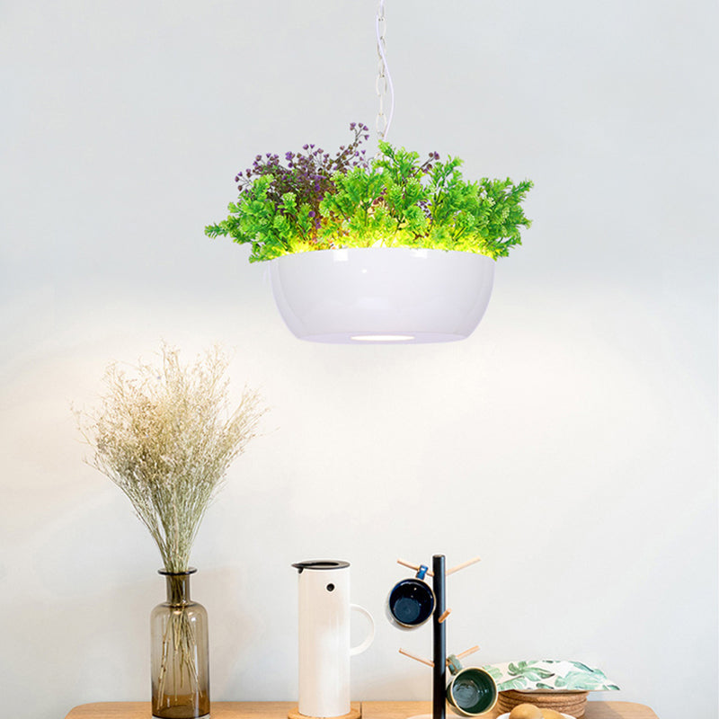 Resin Bowl Plant Pendant Light Kit Farmhouse Balcony LED Ceiling Suspension Lamp in Black/White