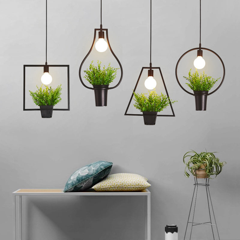 Single Plant Pendant Lighting Fixture Rustic Triangle/Square/Oval Frame Iron Hanging Lamp in Black