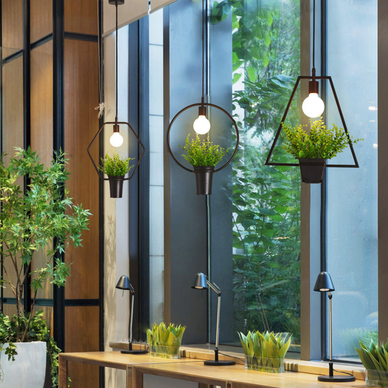 Single Plant Pendant Lighting Fixture Rustic Triangle/Square/Oval Frame Iron Hanging Lamp in Black