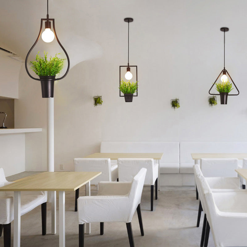 Single Plant Pendant Lighting Fixture Rustic Triangle/Square/Oval Frame Iron Hanging Lamp in Black