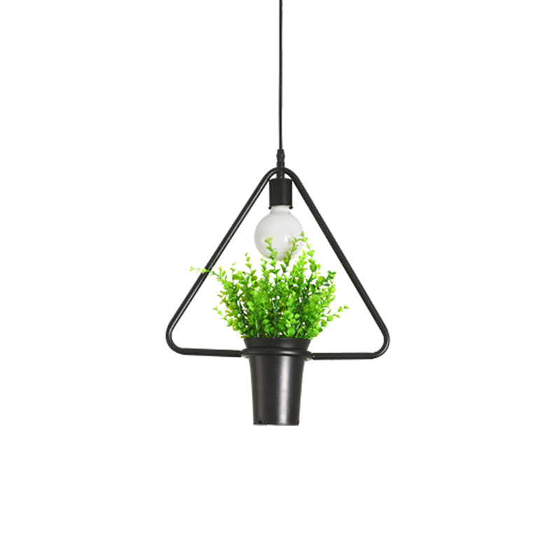 Single Plant Pendant Lighting Fixture Rustic Triangle/Square/Oval Frame Iron Hanging Lamp in Black