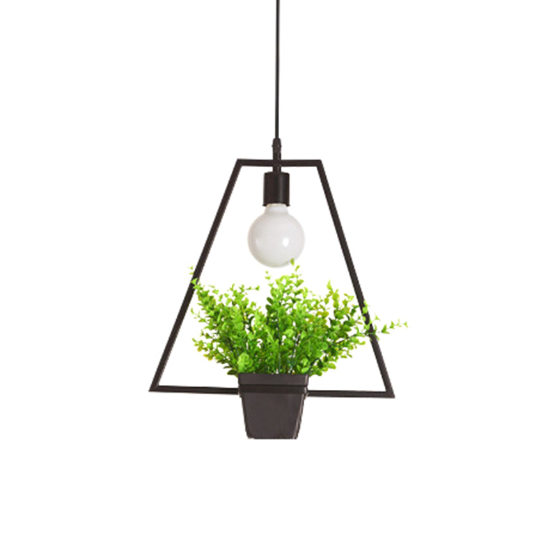 Single Plant Pendant Lighting Fixture Rustic Triangle/Square/Oval Frame Iron Hanging Lamp in Black