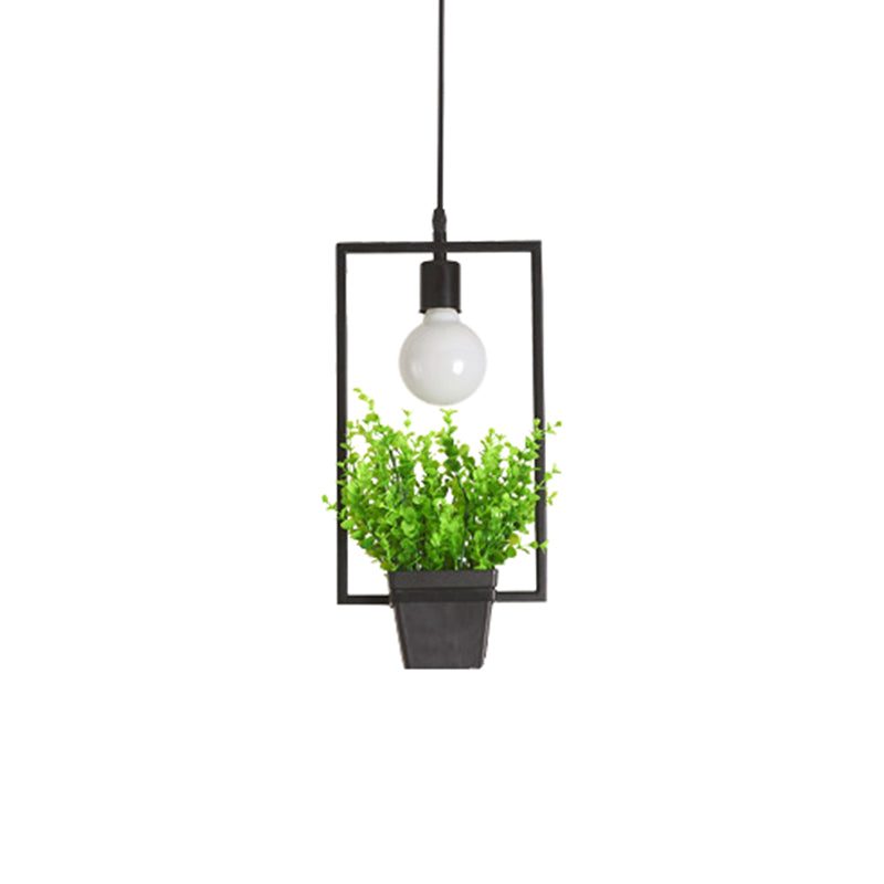 Single Plant Pendant Lighting Fixture Rustic Triangle/Square/Oval Frame Iron Hanging Lamp in Black