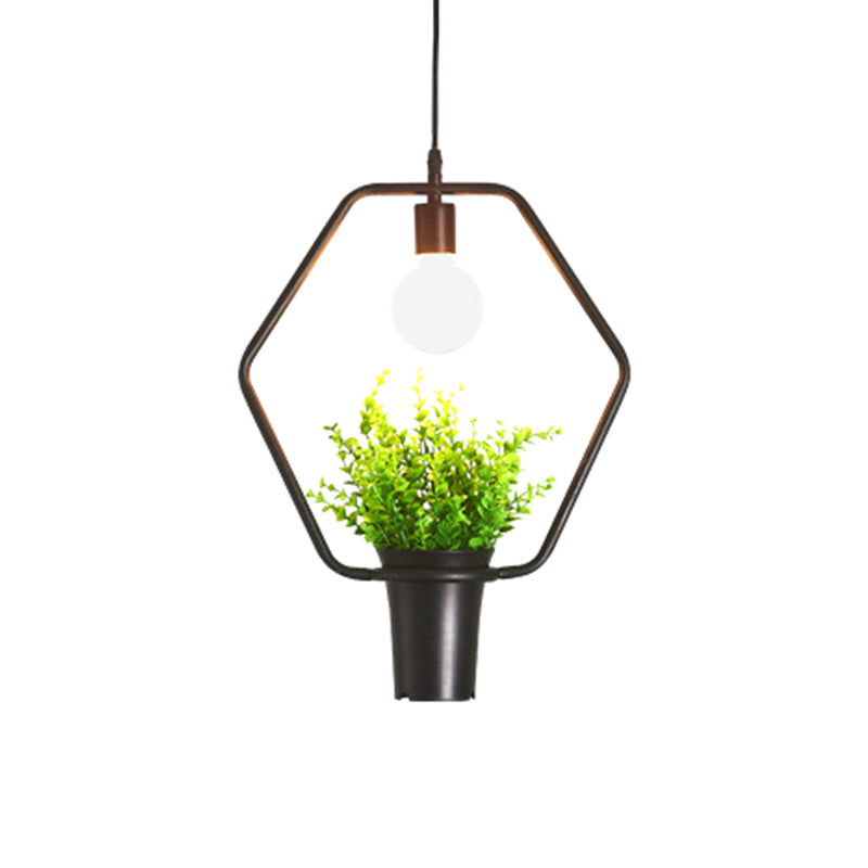 Single Plant Pendant Lighting Fixture Rustic Triangle/Square/Oval Frame Iron Hanging Lamp in Black