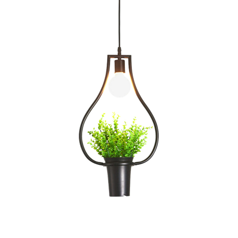 Single Plant Pendant Lighting Fixture Rustic Triangle/Square/Oval Frame Iron Hanging Lamp in Black