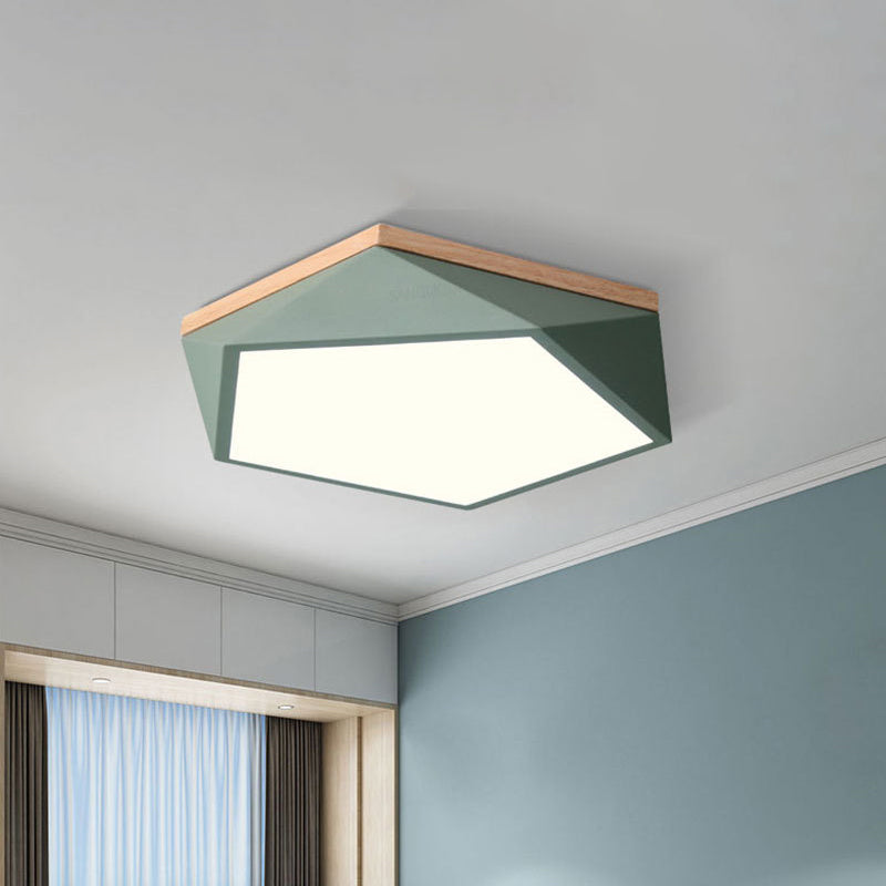 Lámpara de montaje en techo facetada Macaron, luz LED empotrada para dormitorio metálica de 16"/19,5" de ancho en blanco/gris/verde con dosel de madera