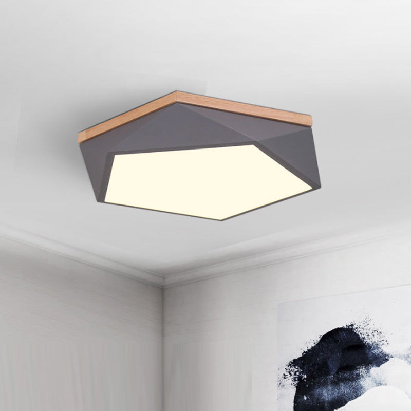 Plafonnier à facettes Macaron métallique 16"/19,5" W LED pour chambre à coucher en blanc/gris/vert avec auvent en bois