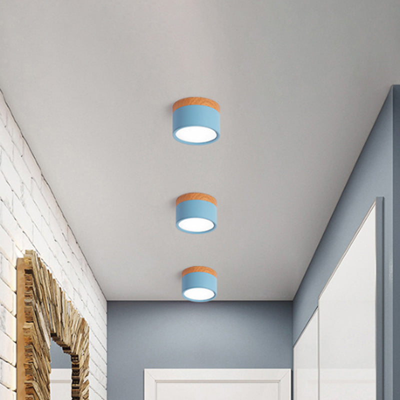 Cilindro Piccolo Flush Plafoniera Macaron Metallo Cucina Bar Flush Mount Illuminazione in Giallo/Blu/Nero e Legno