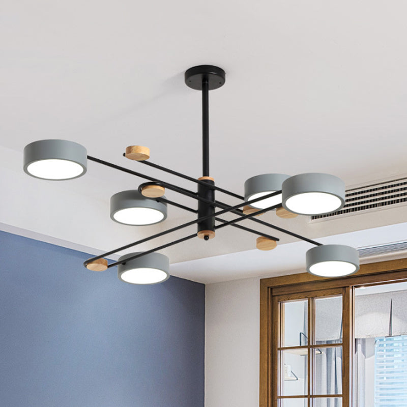 6 Lights Nordic Chandelier Gold/Grey/White-Wood Sputnik Ceiling Hanging Lamp with Acrylic Shade for Living Room