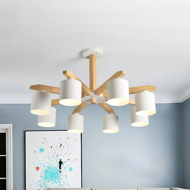 Cylindrical Metal Ceiling Chandelier Nordic 6-Head White/Green/Grey Suspension Lighting with Wood Arm