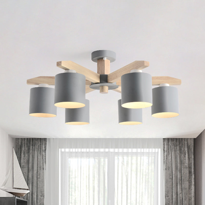 Cylindrical Metal Ceiling Chandelier Nordic 6-Head White/Green/Grey Suspension Lighting with Wood Arm