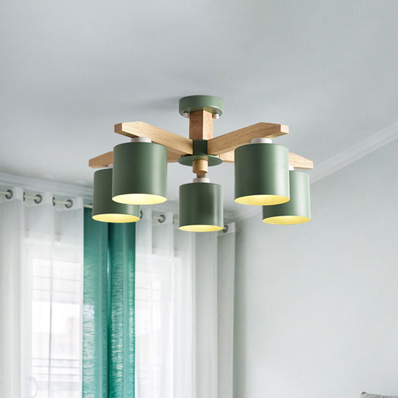 Cylindrical Metal Ceiling Chandelier Nordic 6-Head White/Green/Grey Suspension Lighting with Wood Arm