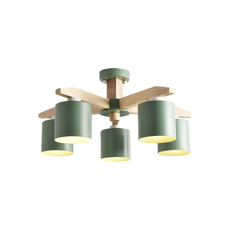 Cylindrical Metal Ceiling Chandelier Nordic 6-Head White/Green/Grey Suspension Lighting with Wood Arm