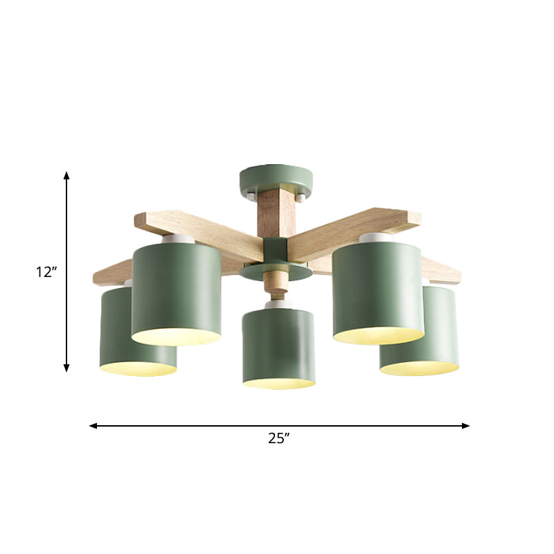 Cylindrical Metal Ceiling Chandelier Nordic 6-Head White/Green/Grey Suspension Lighting with Wood Arm