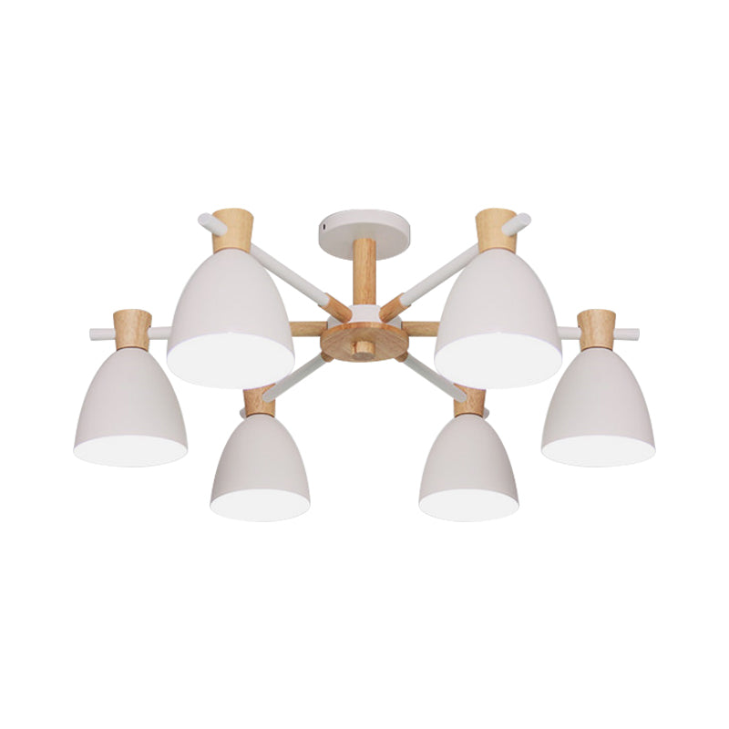 Nordique en forme de cloche Hanging Fer 6 Bulbes Chandelier de salon en blanc avec accent en bois